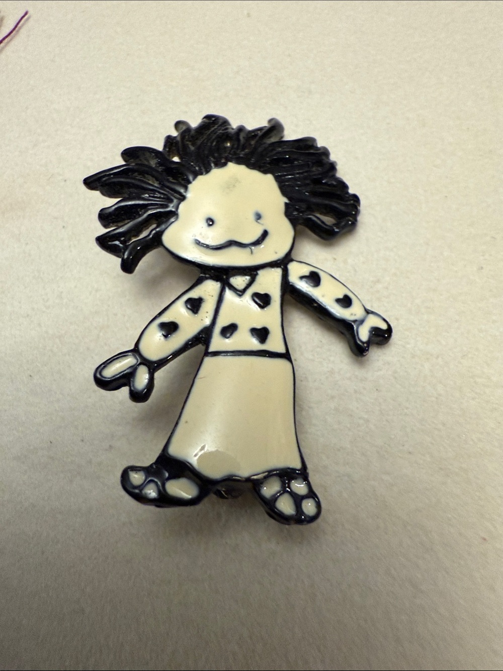 Steinmetz Brooch- enameled Raggedy Ann doll- Bk & white vintage 70’s #48989